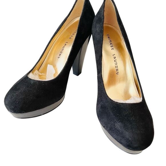 NWOT Chinese Laundry Black Suede Keep Up Platform Chunky Heel Pumps size 7.5. - Picture 6 of 8